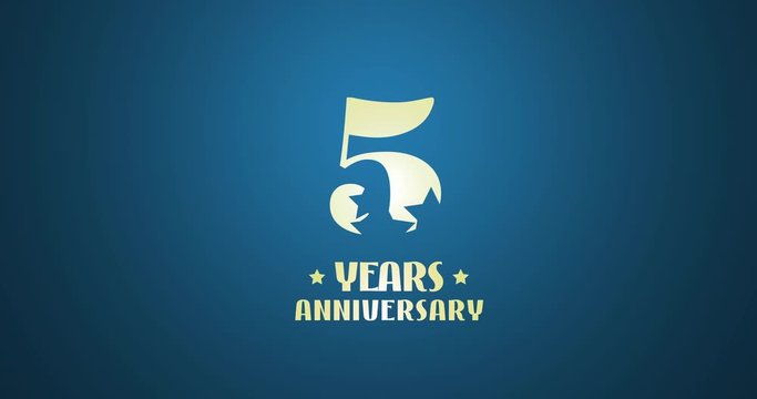 5 years anniversary 2D motion graphic 4K footage with golden metal effect, falling stars and number. 5th anniversary for birthday or wedding