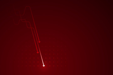 Light down arrow on dark red background, economic crisis concept, copy space composition.