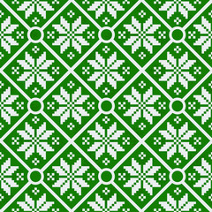 Vector seamless geometrical pattern with white knitted snowflakes on green background; winter design for greeting card, gift box, wallpaper, wrapping paper, web design.