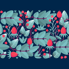 Floral seamless pattern with leaves and berries. Vector background.