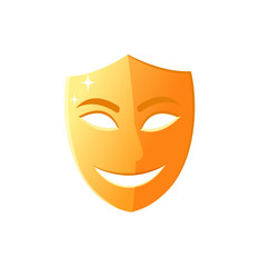 Mask with smile on face, comedy performance in theater isolated icon, golden disguise worn by actors and artists on concerts mood expression. Vector illustration in flat cartoon style