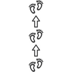 Footpath trail of human. Imprints of bare feet, arrows direction indicators. Abstract concept, icon set. Vector illustration on white background.