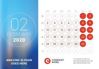 February 2020. Desk calendar. Design print template with place for photo. Week starts on Monday. Vector illustration