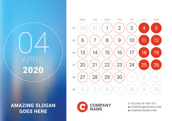April 2020. Desk calendar. Design print template with place for photo. Week starts on Monday. Vector illustration