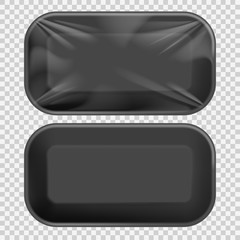 Black Styrofoam Food Tray pack with film and label for branding. Template For Mock up Your Design. vector illustration.