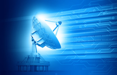 Satellite dish transmission data on abstract technology background. 3d illustration