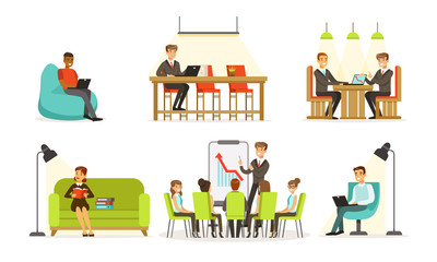 People work in a recreation area in the office. Vector illustration.