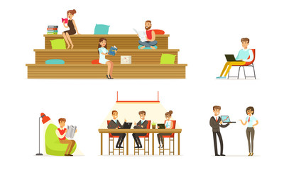 People read books, documents and work on a laptop. Vector illustration.