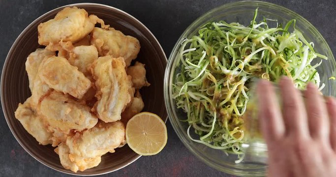 Fried breaded salt cod with chicory hearts salad