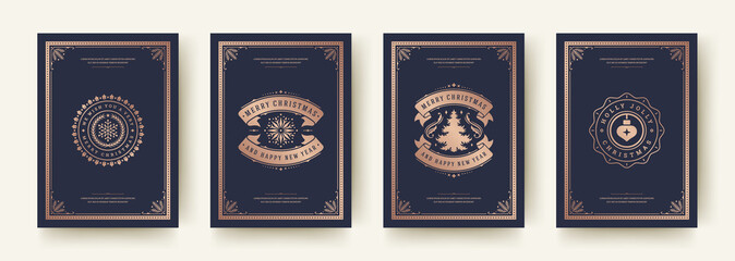 Christmas greeting cards set vintage design, ornate decoration symbols and winter holidays wishes vector illustration