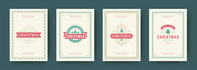 Christmas cards set vintage typographic design ornate decorations symbols with winter holidays wish vector illustration