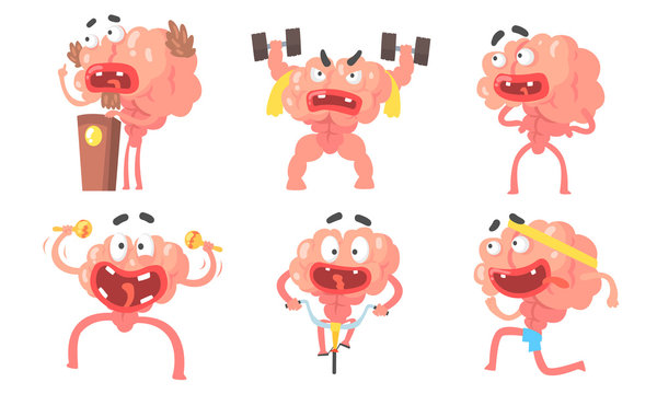 Humanized cartoon brain with a big mouth. Vector illustration.
