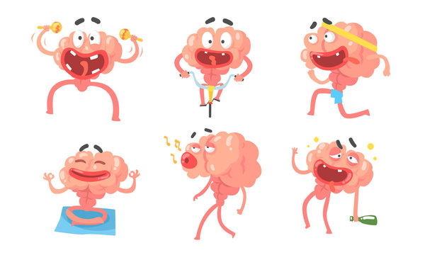 Humanized brain with a pumped up press. Vector illustration.