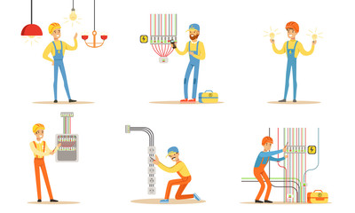 Electrician in uniform next to many wires. Vector illustration.