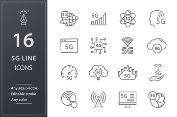 5g line icons set. Black vector illustration. Editable stroke.