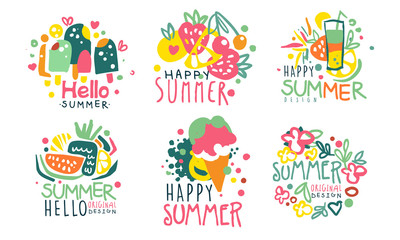 Set of summer logos in pink with yellow and blue colors. Vector illustration.