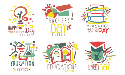 Set of minimalistic logos for celebrating teacher s day. Vector illustration.