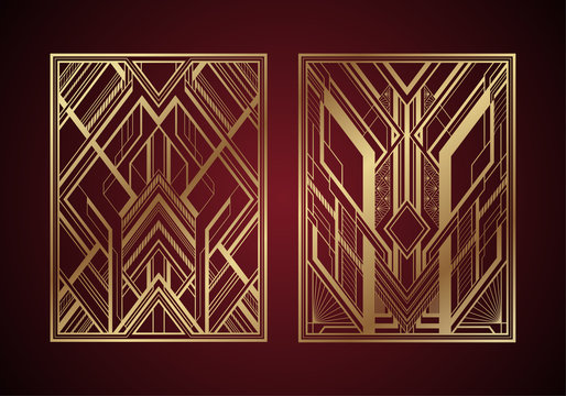 Gold art deco panels on dark red background
