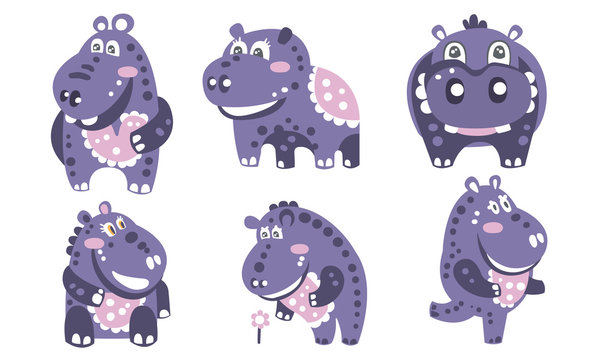 Set of cartoon purple hippos with a pattern. Vector illustration.