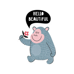 Cute gorilla with flower and text
