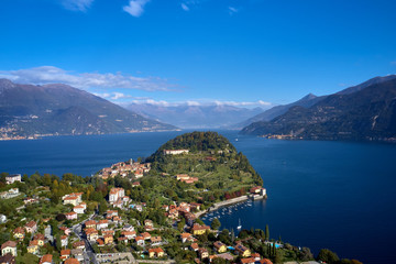 Naklejka premium Panoramic view of Lake Como, the city of Bellagio. Aerial view. Autumn season