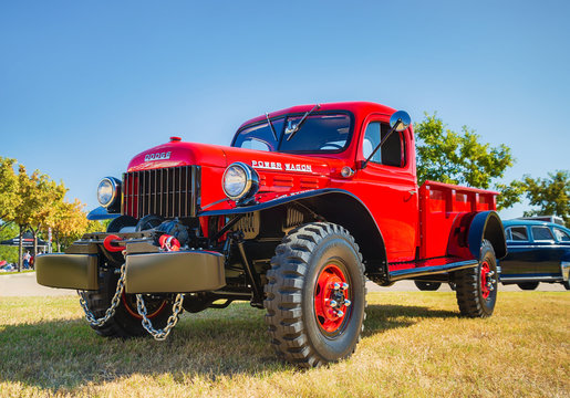 Front side view of a red vintage 1948 Dodge Power Wagon classic truck on October 19, 2019 in Westlake, Texas.