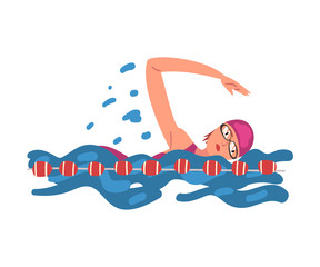 Professional Sportswoman Character Swimming in a Pool, Crawl Swimming Style, Active Healthy Lifestyle Vector Illustration