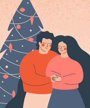 Happy people celebrate winter holidays. A young family stands at the decorated Christmas tree. A couple embrace each other with love on New year's eve. Vector illustration.