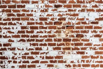 Background of old grunge brick wall texture with peeling plaster.