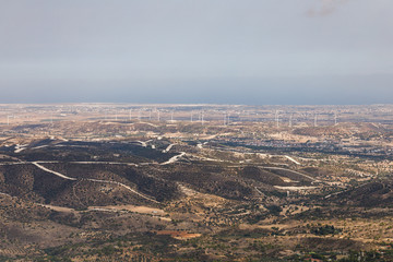Windmills in the valley of Cyprus, aerial view