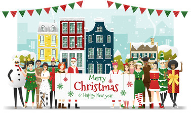 Group of teens in Christmas costume concept holding board with text Merry Christmas and Happy New Year , vector, illustration