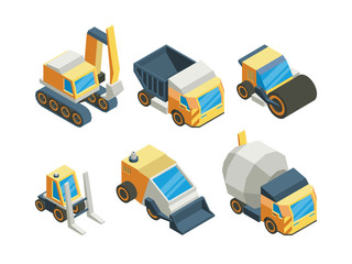 Engineering vehicles isometric 3D vector illustrations set