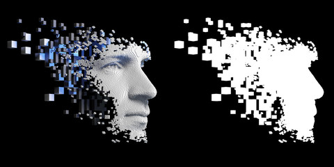 Abstract digital human face.  Artificial intelligence concept of big data or cyber security. 3D illustration 
