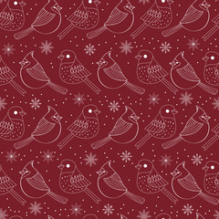 Vector red white birds and snowflakes seamless pattern print background.