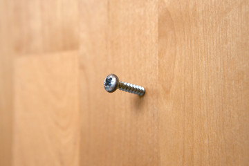 a screw embedded in the surface of wood. - obrazy, fototapety, plakaty