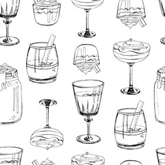 Vector illustration. Hand drawn seamless pattern with hot winter drinks isolated on white background. Eggnog. Print for New Year design. Monochrome endless texture. Black and white