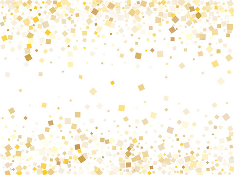 Small gold square confetti tinsels falling on white. VIP Christmas vector sequins background. Gold foil confetti party pieces graphic design. Overlay sparkles party background.