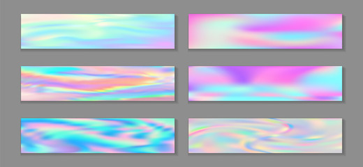 Holographic fashionable flyer horizontal fluid gradient unicorn backgrounds vector set. Opalescence 