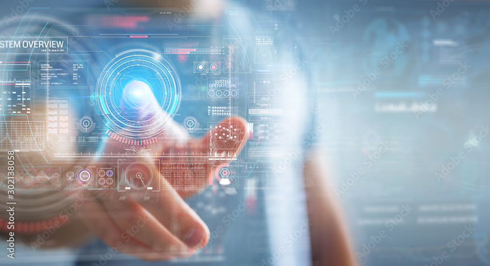 Poster Businessman using digital technological interface with datas 3D rendering