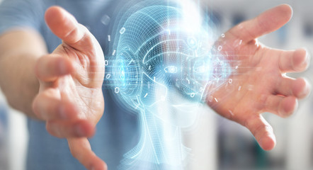 Businessman using digital artificial intelligence head interface 3D rendering