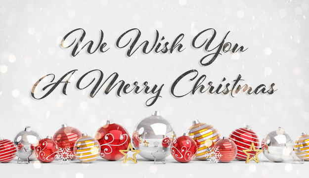 Christmas card greetings with red and white christmas baubles 3D rendering