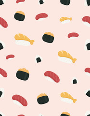 Sushi set. Sushi pattern background. Sushi seamless pattern. Vector illustration.