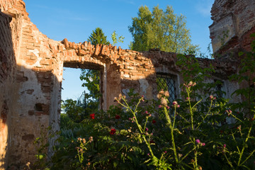 The destroyed Church of the Blessed Virgin (1825-1836) in the village of Korotsko. Russia, Novgorod region