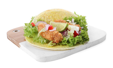 Delicious fish tacos with lime isolated on white
