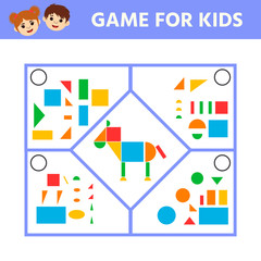 Education logic game for preschool kids. Connect the details and animals of geometric shapes. Preschool worksheet activity. Children funny riddle entertainment. Vector illustration