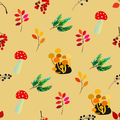 Autumn seamless pattern with berries, acorns, pine cone, mushrooms, branches and leaves.