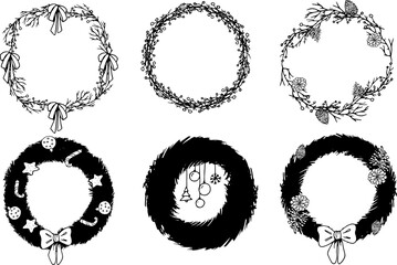 Black icons christmas wreaths coloring in beautiful style on white background. Holly decor set. Cartoon vector illustration. Christmas festive holly decoration.