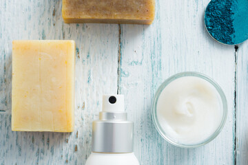 hygiene and beauty product samples, powder compact, spray, soap, moisturizer