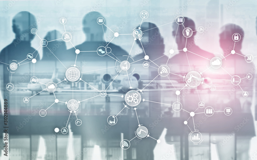 Poster industrial business process workflow organisation structure on virtual screen. iot technology smart 