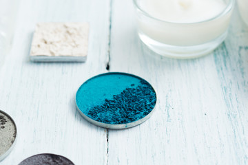 hygiene and beauty product samples, powder compact, spray, soap, moisturizer